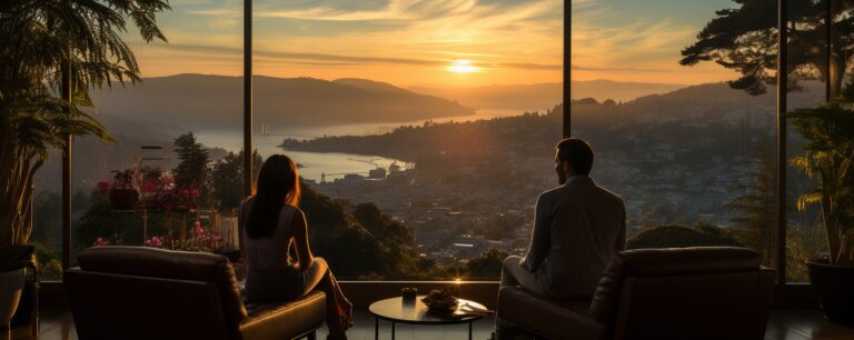 In their home's living room, a couple is enamoured with the vist
